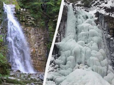 20-метровый Манявский водопад сковал лед: в Карпатах - зимнее чудо: видео