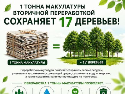 Переработка одной тонны макулатуры позволяет сохранить примерно 17 деревьев!