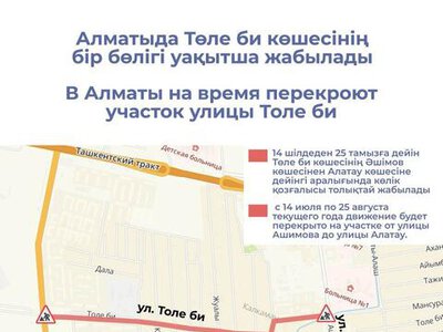 В Алматы на время перекроют участок улицы Толе би