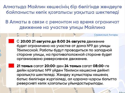 В Алматы в связи с ремонтом на время ограничат движение на участке улицы Майлина