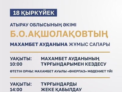Аким Атырауской области Болат Акчулаков в рамках рабочей поездки 18 сентября проведёт встречу с жителями Махамбетского района