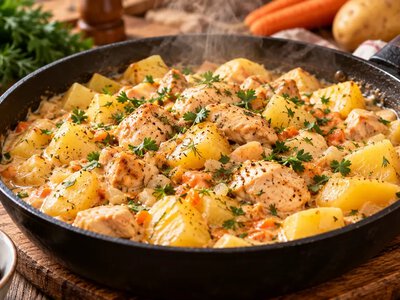 Ужин в одной сковороде за 30 минут: картофель с курицей в нежном сырном соусе