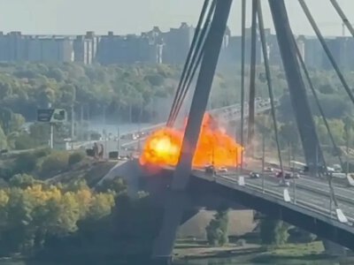 Российский дрон снова ударил по Северному мосту в Киеве: видео момента удара