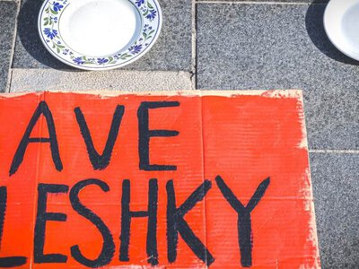 Пустые тарелки на украинском флаге: в Дублине прошла акция в поддержку оккупированных Олешек